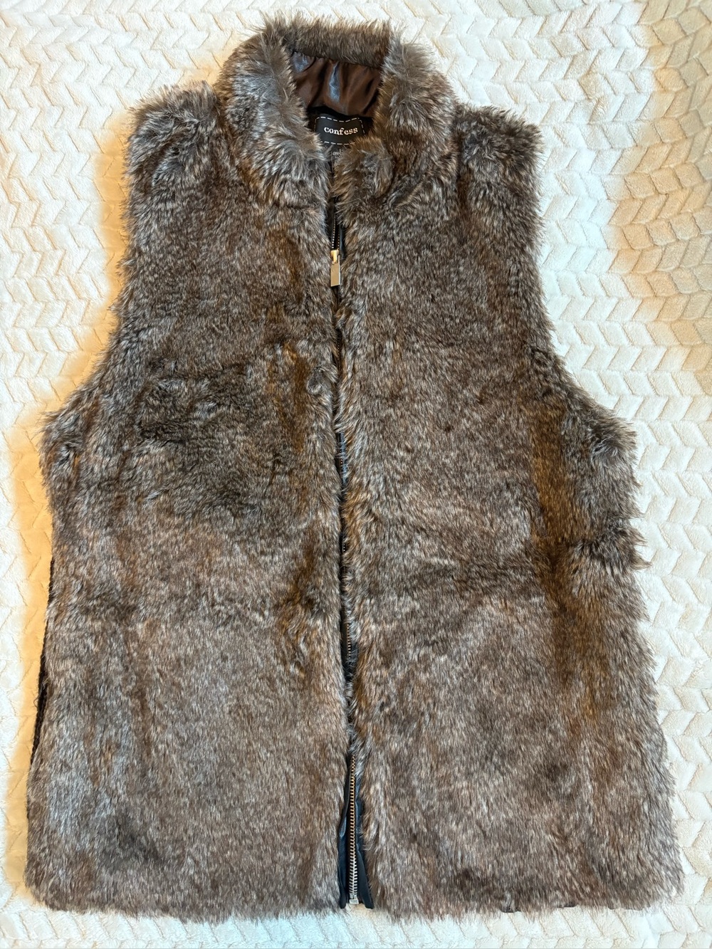 Confess brand-Women's Brown Front Faux Fur & Brown Back Sweater Vest size L NWT